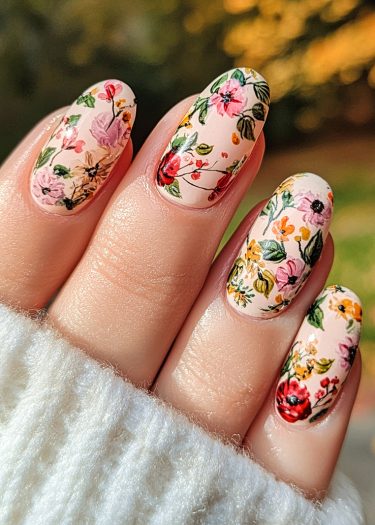 Elegant floral nail art design with vibrant colors on almond-shaped nails for a sophisticated look.