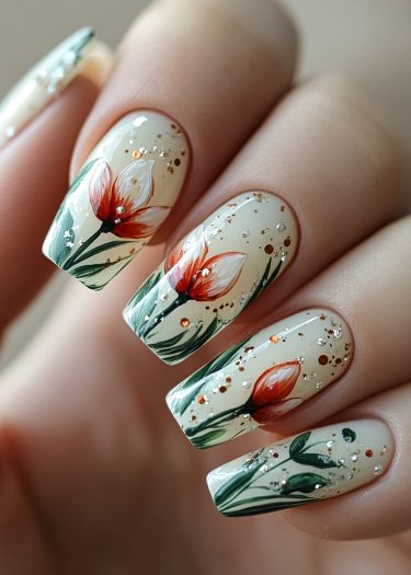 Elegant floral nail art design featuring orange and white flowers with sparkling embellishments.