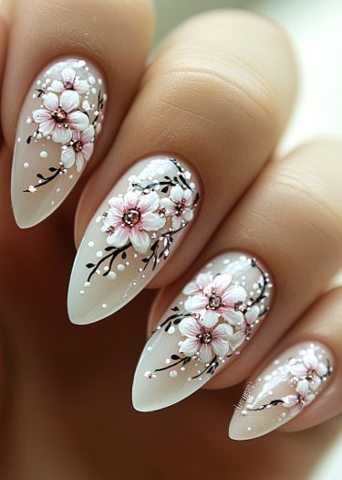 Elegant floral nail art with almond shapes and intricate designs in soft pink and white.