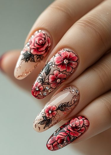 Elegant floral nail art in vibrant red and pink with rhinestones on nude almond-shaped nails.