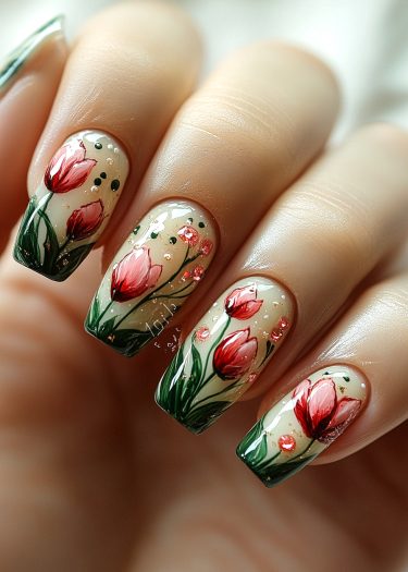 Stunning floral nail art with pink tulips and elegant green accents for a chic look.