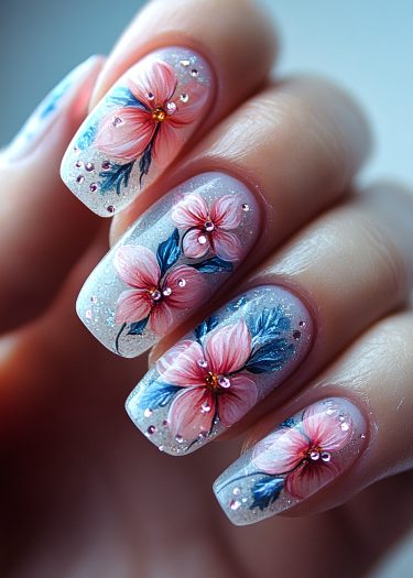 Elegant floral nail art design with pink flowers, rhinestones, and translucent shimmer finish.