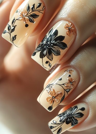 Elegant floral nail art with black and gold designs on glossy nude nails.