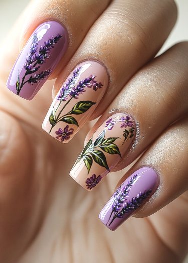 Elegant floral nail art design featuring lavender, peach, and intricate botanical patterns.