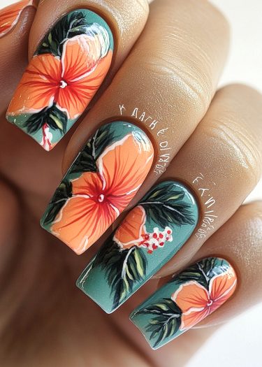 Tropical floral nail art with vibrant hibiscus flowers, lush leaves, and stunning glossy finish.