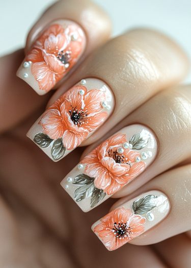 Elegant floral nail art design featuring coral poppies and pearls on neutral base.