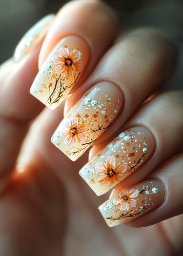 Expertly designed floral nail art with shimmering accents on a translucent nude base.