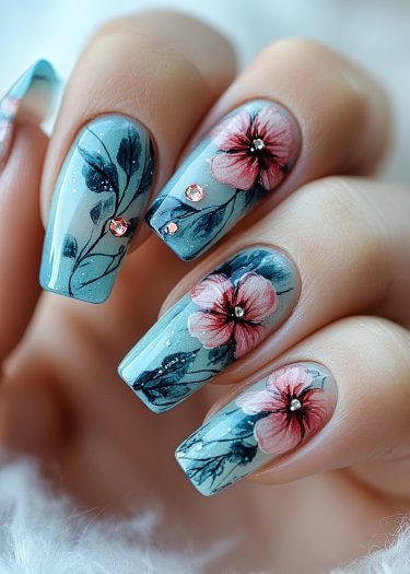 Elegant pastel blue floral nail art featuring pink blossoms and sparkling accents.