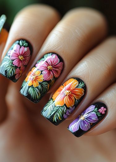 Vibrant floral nail art design on black background featuring unique colorful flower patterns.