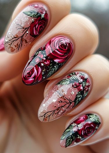 Elegant floral nail art featuring red roses on a soft pink background.