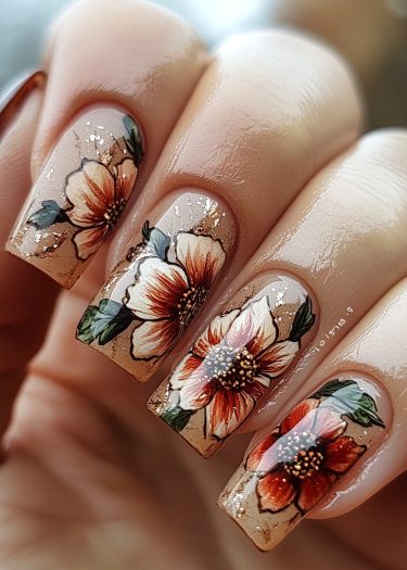 Elegant floral nail art design with intricate patterns in warm autumn colors.