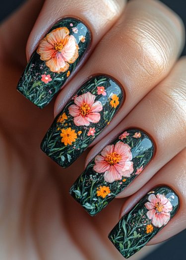 Elegant floral nail art with pink and orange designs on a dark green background.