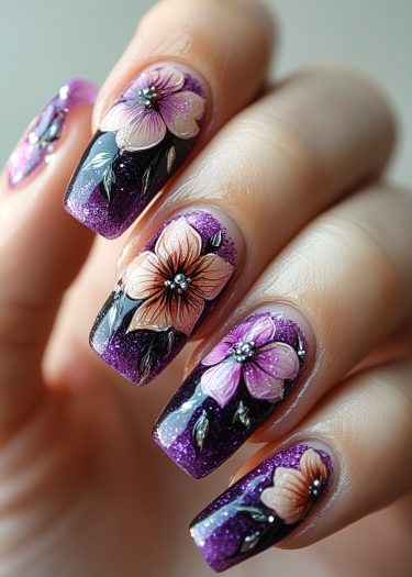 Elegant floral nail art with gradient purple design and intricate flower details.