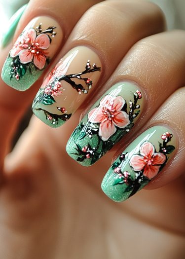 Beautiful floral nail art design featuring cherry blossoms, rhinestones, and a gradient background.