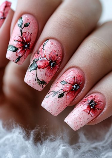 Elegant floral nail art design featuring red flowers on pastel pink nails.