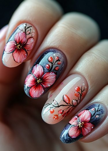 Elegant floral nail art design with pink blooms, navy gradient background, and shimmering accents.