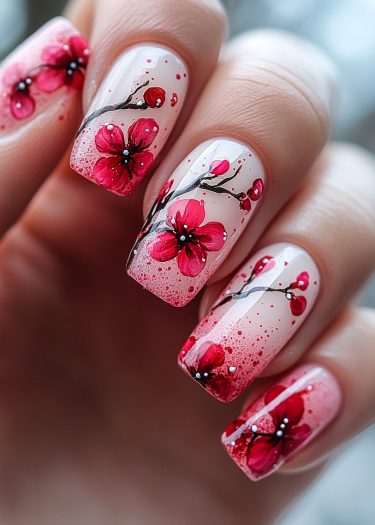 Elegant floral nail art featuring cherry blossoms on a soft pink background.