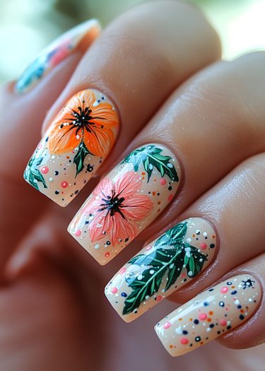 Vibrant floral nail art design featuring intricate flowers and leaves on a neutral base.