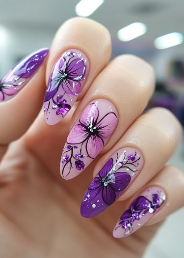 Elegant floral nail art design with pink and purple gradients, featuring intricate flowers and gems.