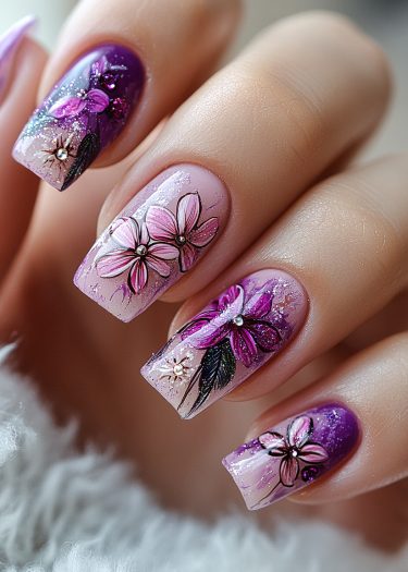 Elegant floral nail art design with purple and pink flowers, glitter, and rhinestones.