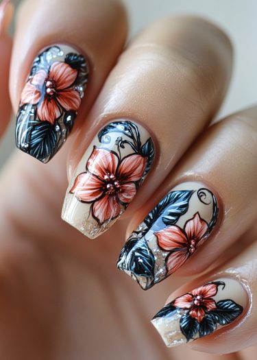 Elegant floral nail art design with coral flowers and intricate detailing on a neutral beige base.