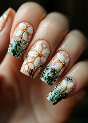 Elegant floral nail art design featuring intricate flowers and greenery on a nude base.