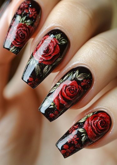 Elegant black nail art featuring vibrant red roses and green leaves for a romantic look.