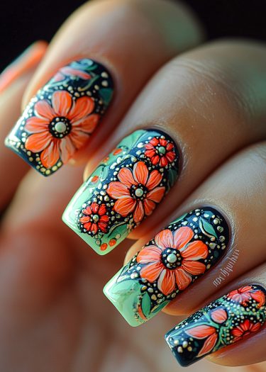 Vibrant floral nail art with mint green and navy gradient, showcasing detailed designs and glossy finish.