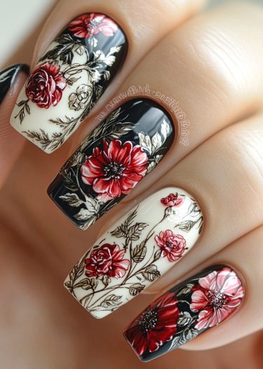 Elegant floral nail art featuring red flowers on black with gold accents for a luxurious look.