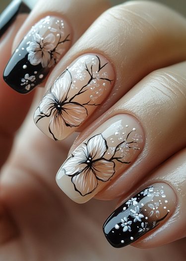 Elegant black and white floral nail art design with intricate detailing and sophisticated gradients.