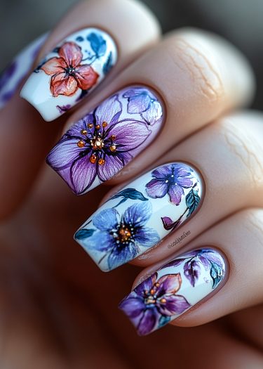 Beautiful floral nail art designs with intricate blooms in vibrant colors on manicured nails.