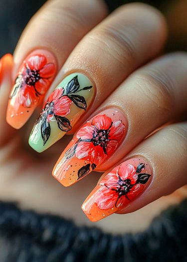 Vibrant floral nail art featuring intricate designs, glossy finish, and playful glitter accents.