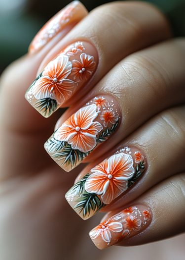 Beautiful floral nail art with intricate orange and white designs on a nude base.