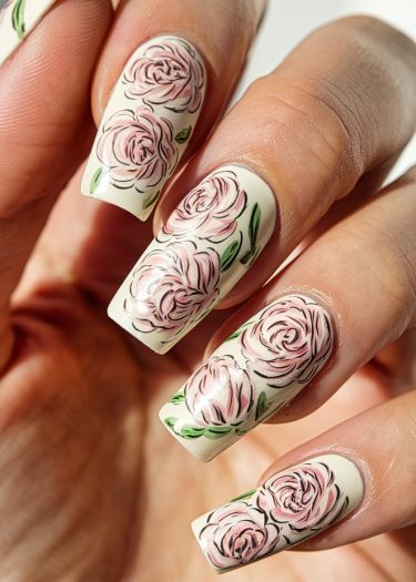 Elegant floral nail design with intricate pink roses on creamy white nails.