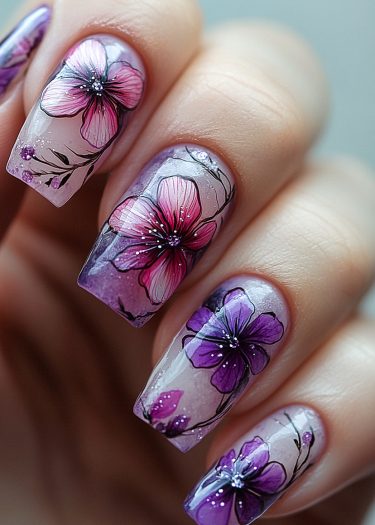 Elegant floral nail design featuring intricate pink and purple flowers on glossy, manicured nails.