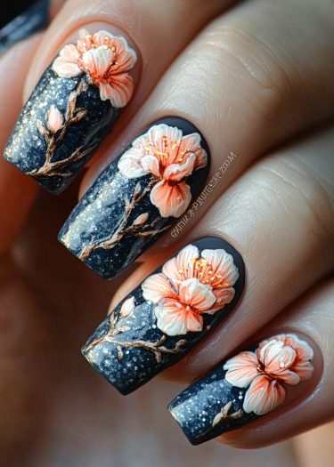 Vibrant floral night sky nail art with glittering stars and intricate flower designs.