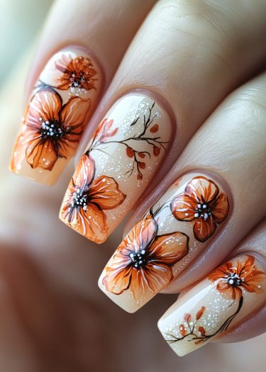 Elegant floral orange nail art with intricate designs on glossy, neutral beige nails.