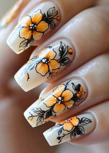 Elegant floral orange nail art with intricate designs and sparkling embellishments on a glossy base.