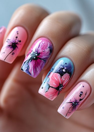 Elegant pastel floral nail art with intricate designs and ombre effects.