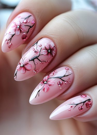 Elegant pastel pink nail art featuring intricate cherry blossom designs and sparkling rhinestones.