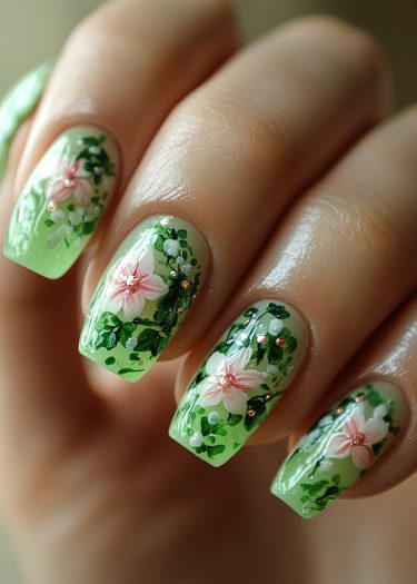 Elegant floral pastel nail art with intricate flowers on a soft green base.