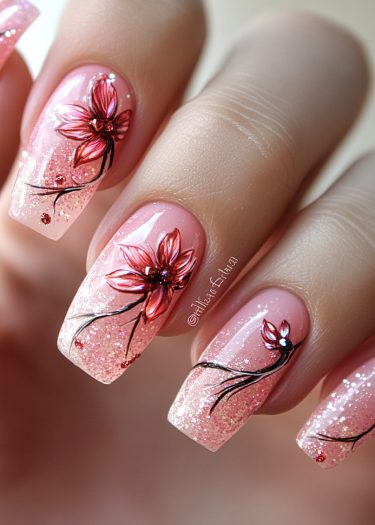 Elegant floral pink nail art with glitter and rhinestones for a sophisticated manicure.