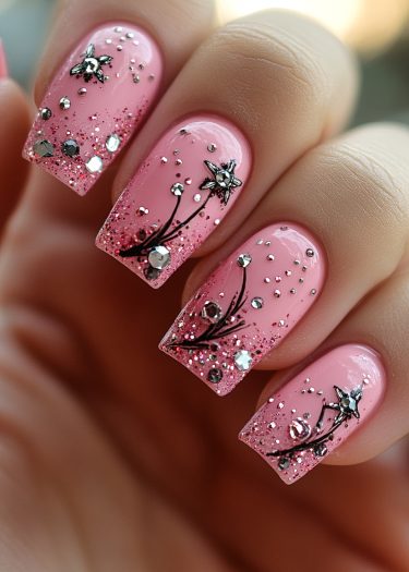 Elegant floral pink nail art with glitter and rhinestones for a stylish and glamorous look.