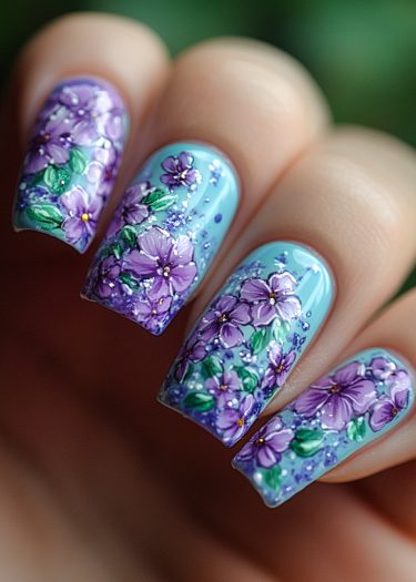 Vibrant purple and blue floral nail art with intricate designs and sparkling embellishments.