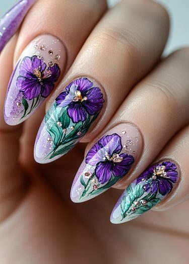 Elegant lavender floral nail art design with intricate purple flowers and green leaves.