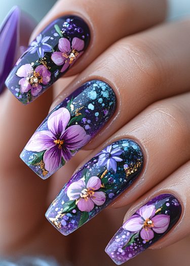 Intricate floral purple nail art with gold accents on a dark gradient background.