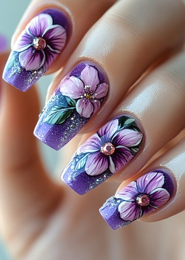 Vibrant purple floral nail art featuring pink and white flowers with rhinestones and glitter.