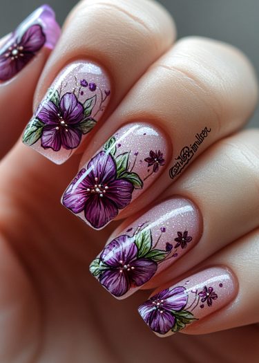 Purple floral nail art design with vibrant flowers and shimmering pink background.