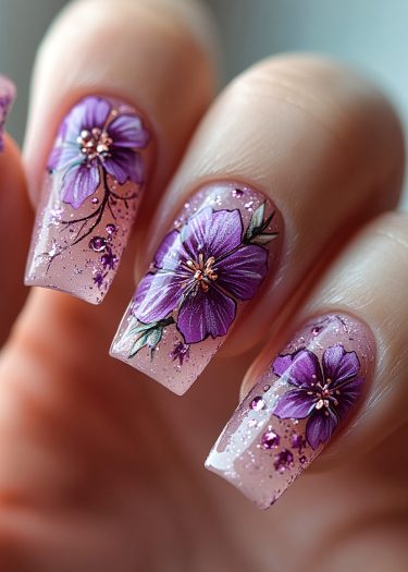 Vibrant purple floral nail art design with glitter and green accents on nude square-shaped nails.