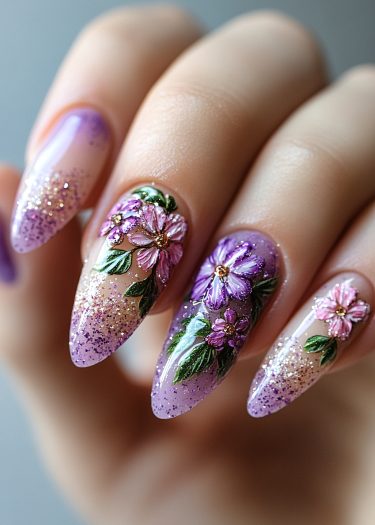 Elegant floral purple nail art with gradient and glitter for a sophisticated look.